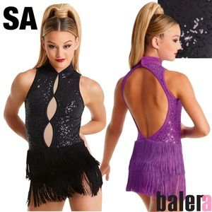 NWOT BALERA DANCE Keyhole Black Sequin / Fringe One Piece Dance Dress Bodice SA